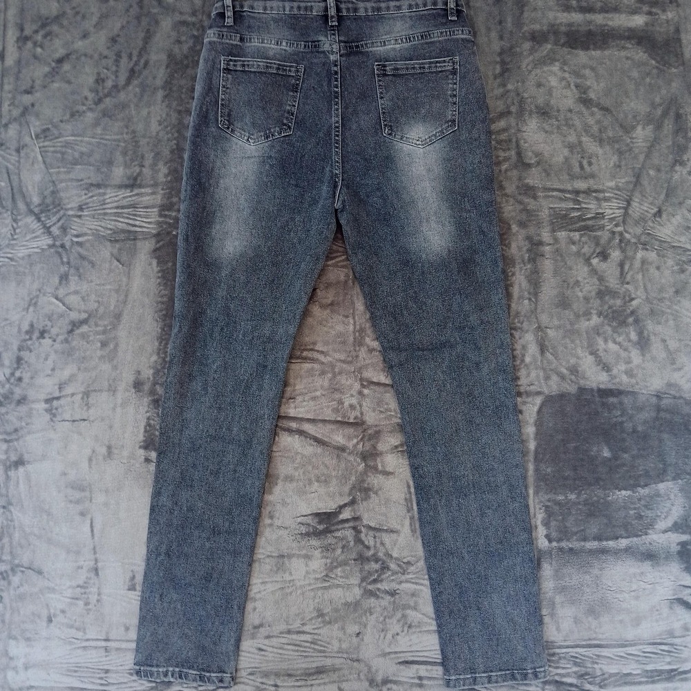 Jeans Womens 14 Blue Distressed Patchwork Smiley Face Graphic Y2K Streetwear - Picture 2 of 8